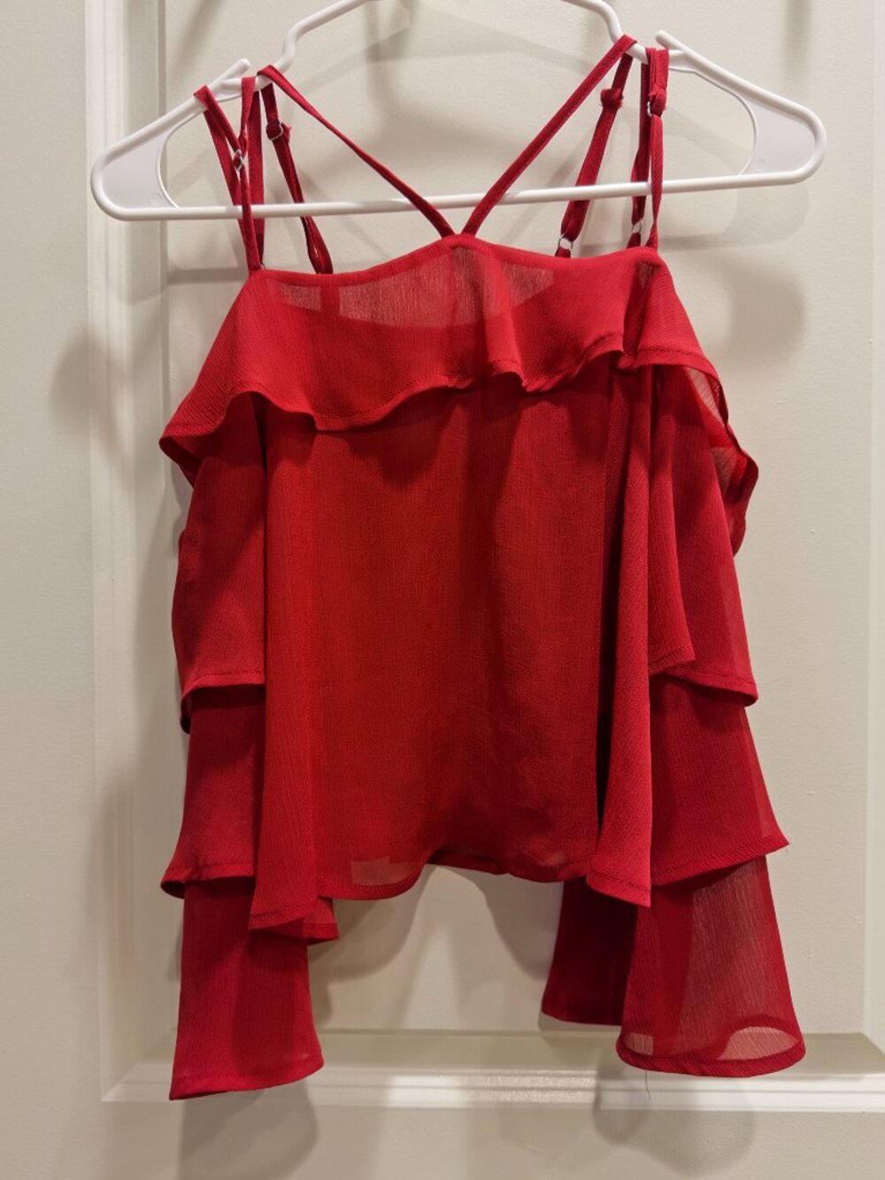 Love Fire Cold Shoulder, Off the Shoulder Red Sheer Ruffle Blouse